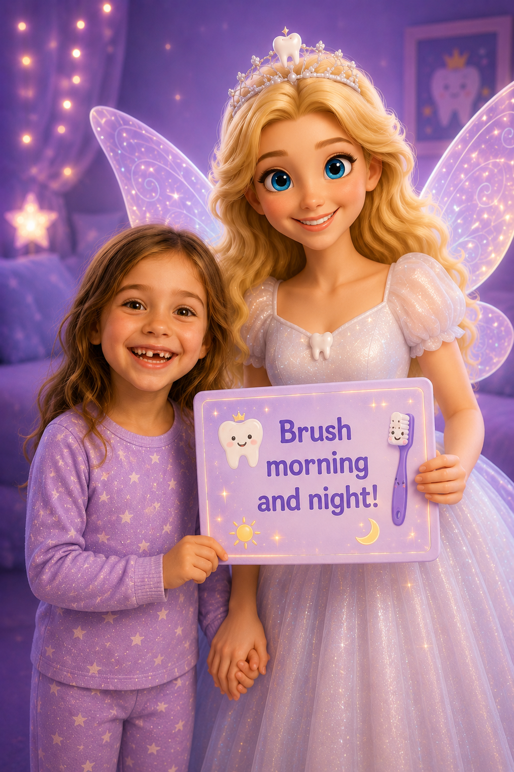 Child and the Tooth Fairy holding a brush morning and night sign