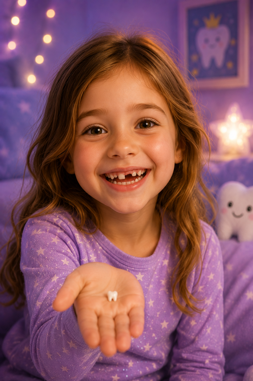 Smiling child holding a lost tooth